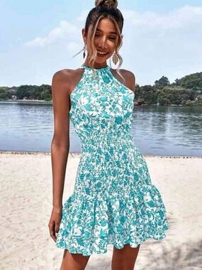 SHEIN Turquoise & White Floral Halter Smocked Mini Dress